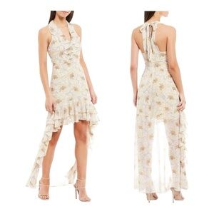 Badgley Mischka Belle 'Naty' Halter V-Neck Ruffle Hi-Low Floral Dress. Size 4.